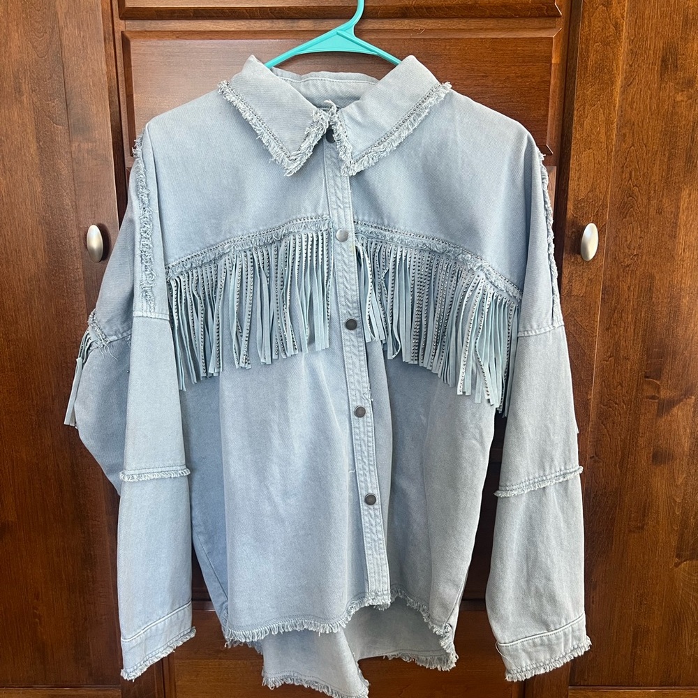 Zara Rhinestones Fringe Denim Jacket